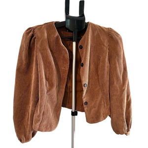 BROWN CORDUROY JACKET WITH BLACK BUTTONS AND PUFF SHOULDERS